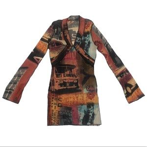 Vintage Newspaper Print Long Sleeve Mesh Mini Dress